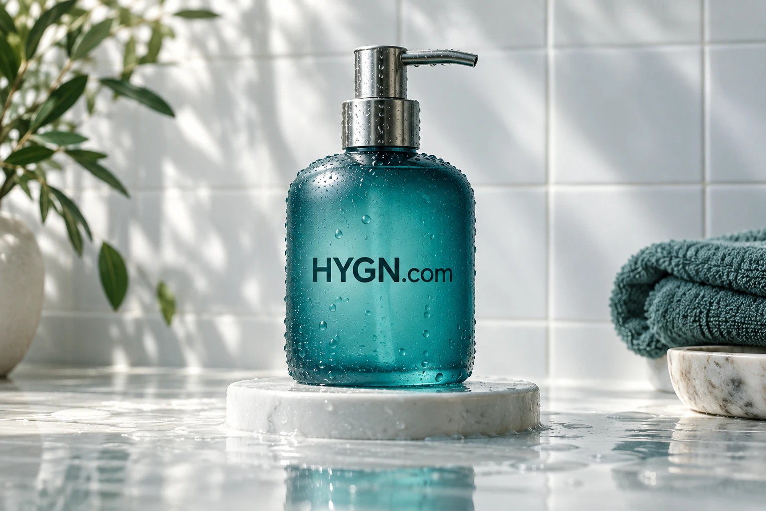 Teal HYGN.com dispenser on a sunlit bathroom counter