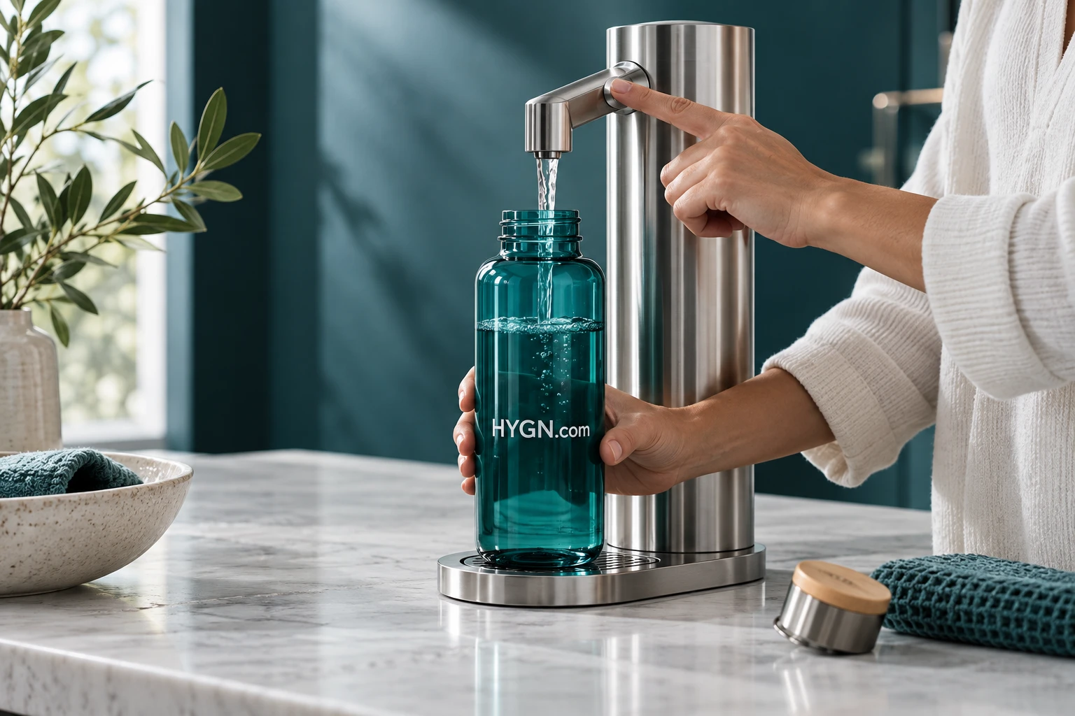 Teal refill bottle and HYGN.com dispenser on a pale bathroom shelf