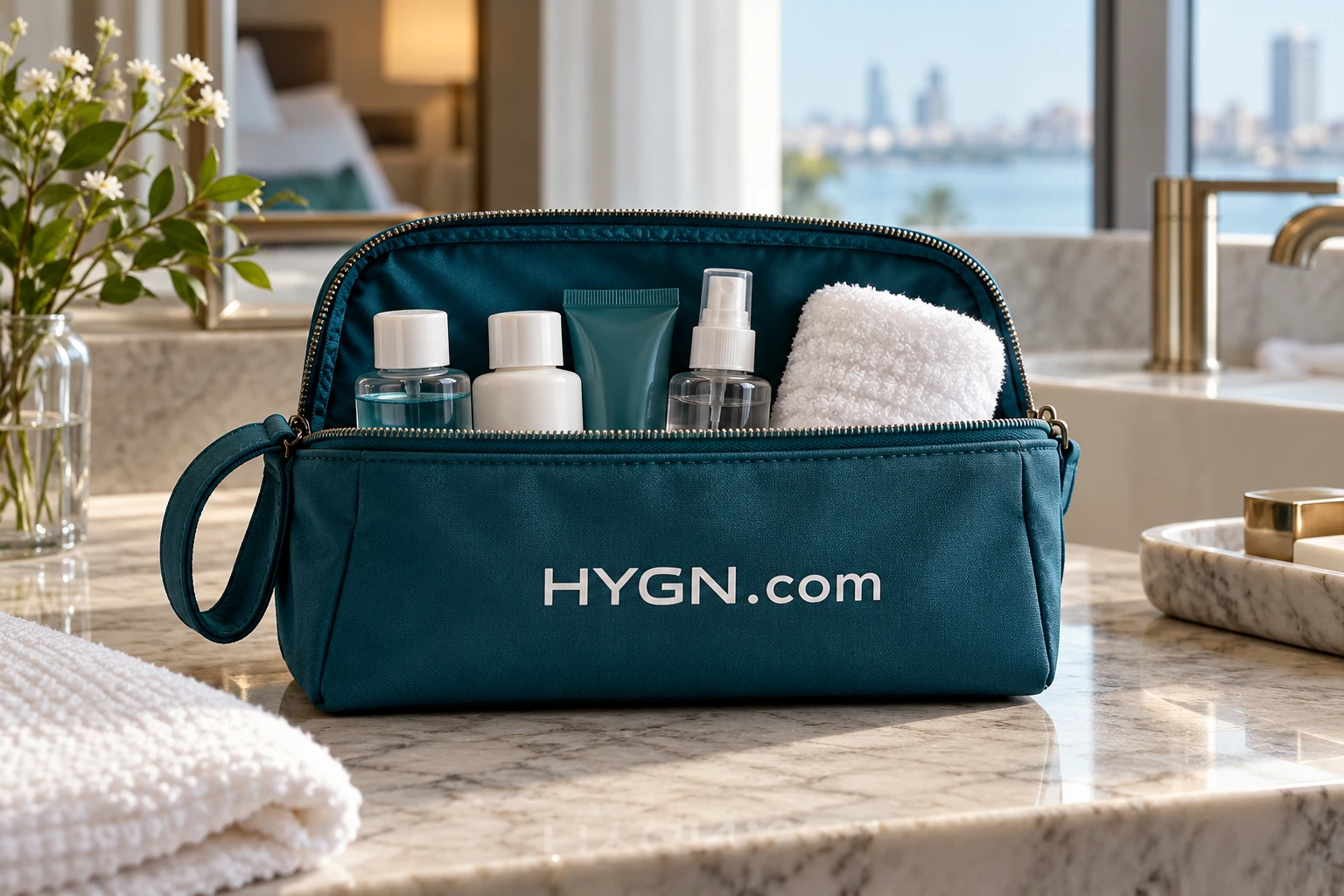 Teal HYGN.com personal care bottles inside an open travel pouch