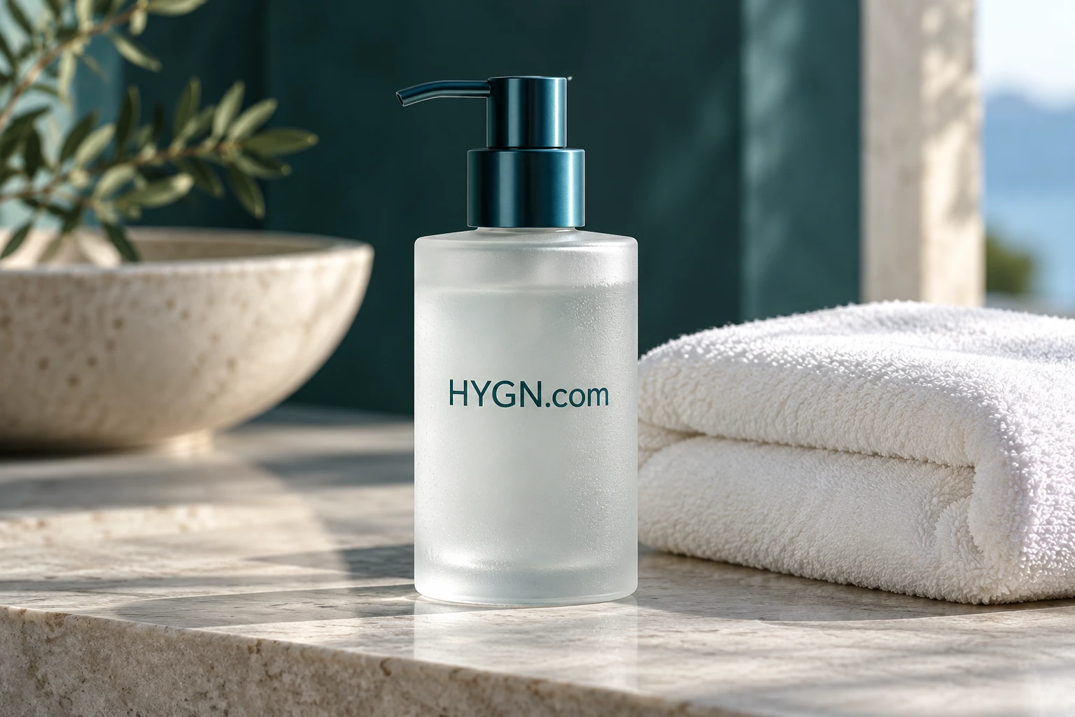 HYGN.com personal care bottle beside a ceramic basin